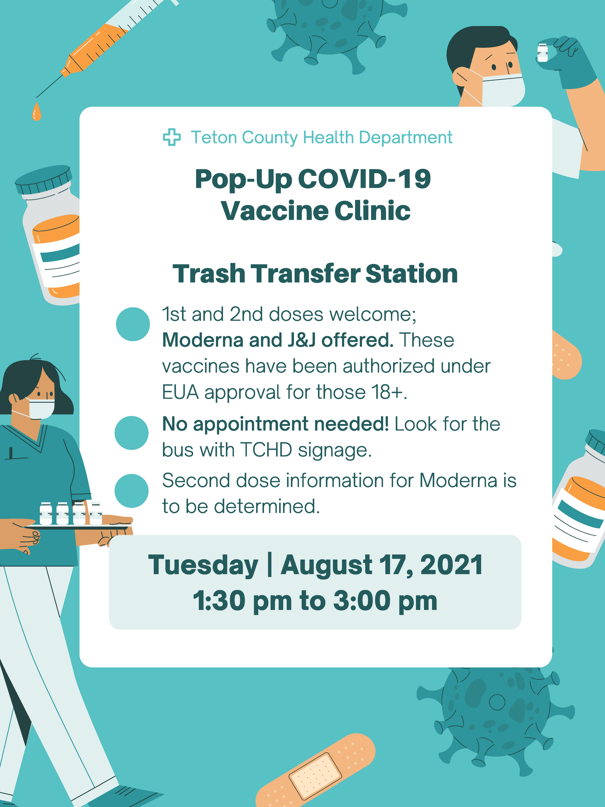 Pop-up COVID-19 vaccine clinic at Trash Transfer Station, August 17, 1:30pm to 3:00pm