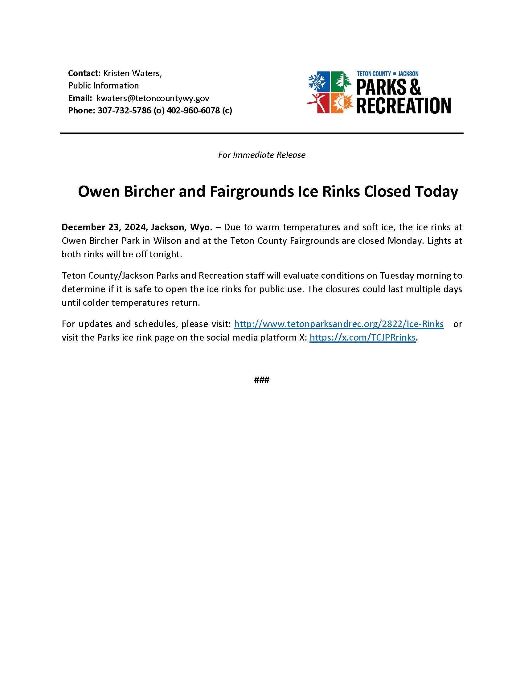 Ice Rinks at Owen Bircher and Fairgrounds Closed 12.23.2024